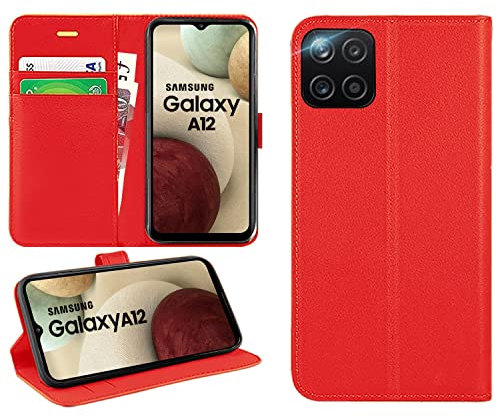 DN-Technology For Samsung Galaxy A12 Case Flip Folio Leather Wallet with Card Holder Book Stand Phone Cover For Samsung Galaxy A12 (RED)