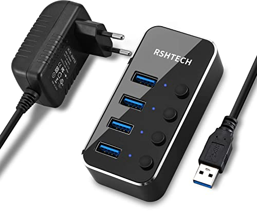 RSHTECH Hub USB 3.0 4 Ports Avec Alimentation Externe 10W(5V/2A), Splitter Multi-Port Pour Transfert de Données, Commutateurs Individuels et Indicateur LED