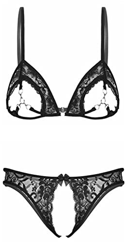 YEAHDOR Conjuntos de Lencería Sexy para Mujer Brasier Push Up Bralette Encaje Push Up Tanga Abierto Ropa Interior Erótica Babydoll Ropa de Noche Negro I S