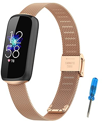 SenMore Metallarmband für Fitbit Luxe Armband Metallarmband aus Edelstahl, Verstellbares Armband (inklusive Werkzeug zum Einstellen des Armbands) (ML-Roségold)