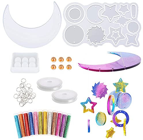 Woohome 17 Stück Mondsterne Windspiele Gießform Resin Form, Mond Stern Schmuck Epoxidharz Silikonform mit Pailletten für DIY Basteln Windspiele, Heimtextilien, Geschenk