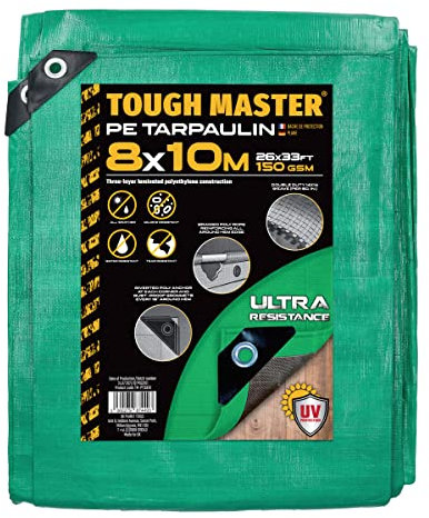 Bâche de Protection imperméable 8 m x 10 m, résistante aux UV, 26 pi x 33 pi, 150 g/m², avec œillets renforcés, pour mobilier d'extérieur, Caravane, Usage Polyvalent, Vert/Gris, Tough Master