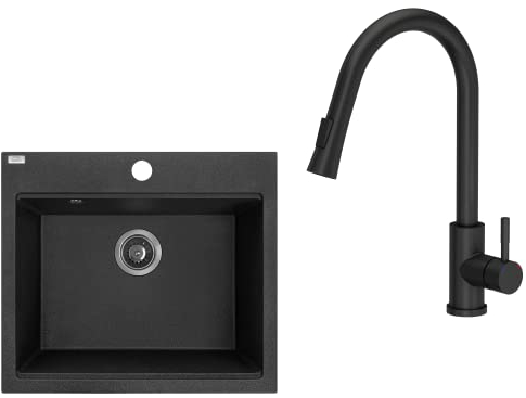 VBChome Spülbecken mit Armatur 57 x 50 cm Einzelbecken schwarz Granit rechteckig Einbauspüle gesprenkelt großes tiefes Becken Spüle aus Verbundwerkstoff + Siphon + Armatur