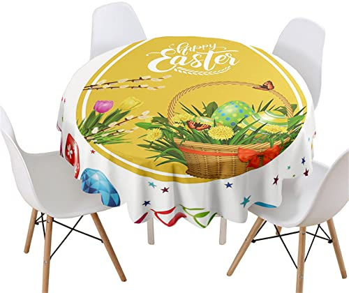 Highdi 3D Pâques Nappe Ronde Anti Tache, Nappes Rondes Impermeable Polyester Lavable Nappe de Table de Décoration pour Cuisine Picnic Jardin (Panier ?ufs Pâques,Diamètre 150cm)