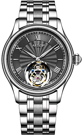 Aesop Mechanische Tourbillon-Uhren für Herren Echtes Tourbillon-Uhrwerk Mechanische Handaufzug-Armbanduhr Analoges Saphirglas wasserdichte Business-Luxusuhr 7041 (Schwarz/Edelstahl)