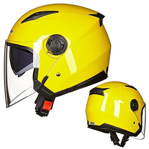 Jethelm Im Vintage-Stil, Erwachsene 3/4 Retro-Motorradhelme Motorrad-Halbhelm Für Männer Und Frauen Mit Doppelvisier, Sommerroller, Leichter Mopedhelm, ATV-Straßenhelm,Gelb,XL