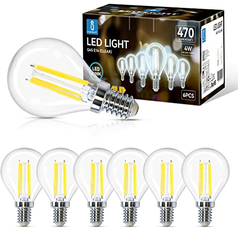 Aigostar Ampoule LED Filament E14,Blanc Froid 6500K,470LM,4W Equivalent à Ampoule Incandescente 40W,G45,Angle de 360º,Non-dimmable,Lot de 6