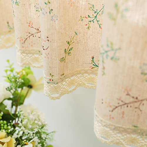 Moslovstar Baumwollleinen-Stufenvorhang, 90 cm lang, eleganter Fenstervorhang mit Blumenspitze, Küchen- und Badezimmer-Kurzvorhang, 1 Paneel, wenig Gras und Blume auf Beige