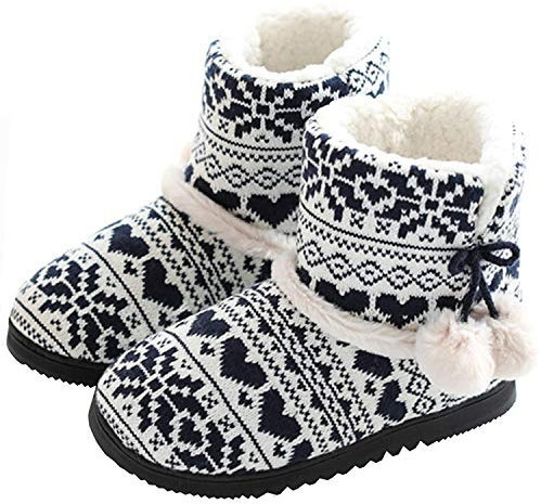 DimaiGlobal Mujer Zapatillas de casa Cálidode con Bordes del Tejido de Punto y Pompons Interior y Exterior Lana al Forro de Felpa Suela Antideslizante Zapatos Invierno Pantuflas botines 37/38EU Negro1
