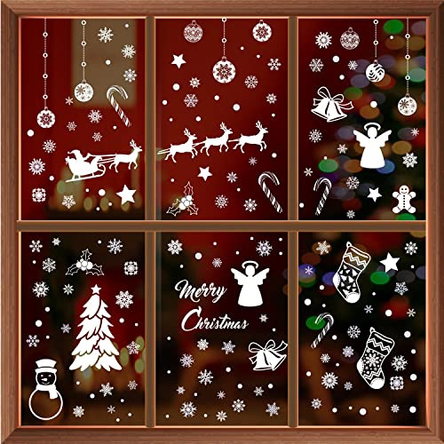 WALPLUS 207 PCS Window Snowflake Stickers Reusable Christmas Window Clings Double Sided White Snowflake Window Stickers Removable All White Winterland Snowflakes Xmas Decorations