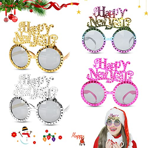 EKKONG Silvester Brillen, Frohes Neues jahr Brillen 2024 Happy New Year Partybrille 4 Stück für Silvester Party, Neujahrsdeko, Foto Requisiten, Party Mitgebsel
