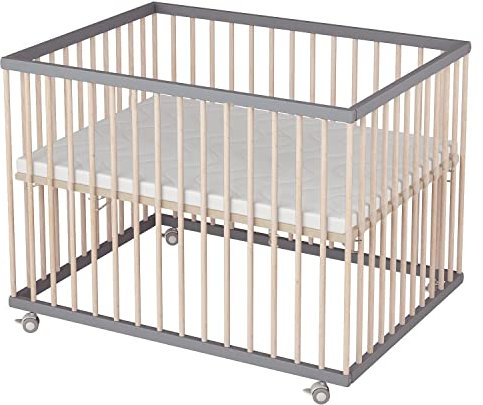 Sämann Laufgitter ECO 75x100 cm mit Matratze - 3-fach höhenverstellbar Laufstall Baby Buche grau/natur