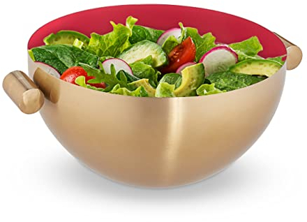 Relaxdays Servierschüssel aus Edelstahl Ensaladera con Asas, Cuenco de Cocina, Bol de Acero Inoxidable, Frutero, Tamaños a Elección, Dorado y Rojo, Large