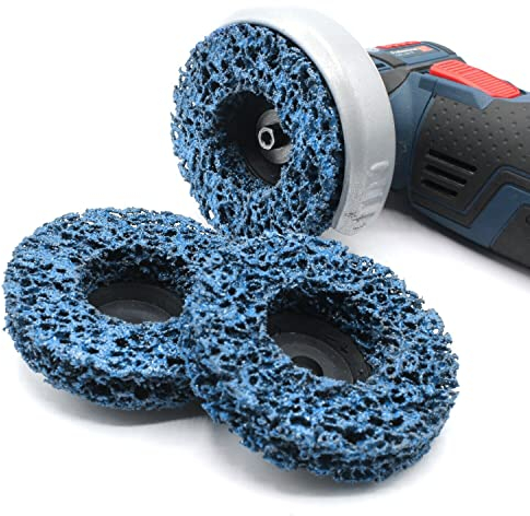 3x Reinigungsscheibe 76 mm Reinigungsvlies CSD Schleifscheibe Vlies Nylon Schruppscheibe für Akku Winkelschleifer GWS, PWSA, Bosch, BTI, Parkside Blau