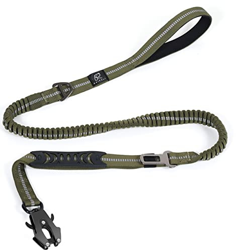 Raipult taktische, robuste Hundeleine, ca. 1,2 - 1,8 m, starke Bungee-Leine mit Richtungsverbinder (Frog clip) und Auto-Sicherheitsgurt, Militär-Leine für K9 mit 2 Griffen für mittelgroße Hunde, grün