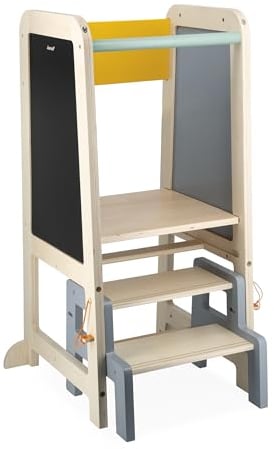 Janod - Lernturm aus Holz - 2 Einstellbare Höhen - 1 Abnehmbarer Tritthocker, 1 Tafel, 2 Kreiden, 1 Bürste - Ab 18 Monate, J09640