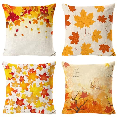 A 4er-Pack Herbst Kissenbezüge 45x45 cm - Dekorative Ahornblatt Kissenbezüge aus Leinen für Sofa & Bett Home Decor