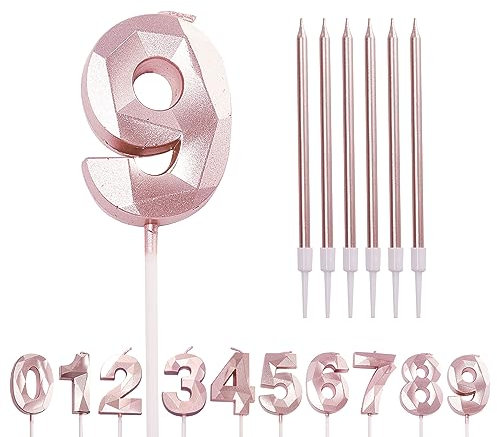Number Candle Rose Gold 9 Candle 9th Birthday Candles for Cake, Pink Gold Happy Birthday Candles 9th Birthday Cake Candles Cake Topper for Girls Birthday Wedding Anniversary Cake Decorations