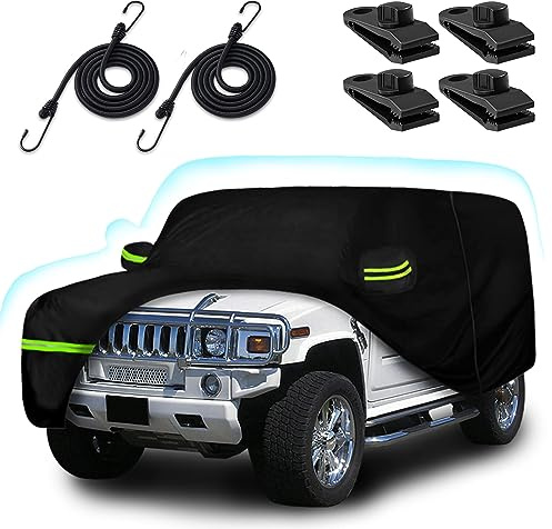 6 Schichten Autoabdeckung für Hummer H2 SUV 2002-2009, 210T wasserdichte Sonne Regen UV Staub Schnee Schutz Outdoor H2 Vollgarage mit winddichtem Böenband und Reißverschluss-Tür-Schwarz