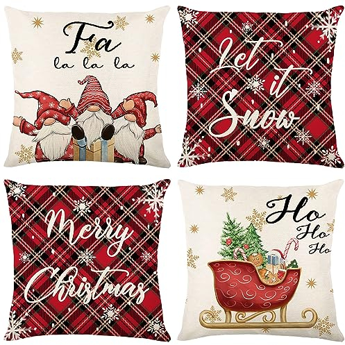 Qelus 4 Stück Kissenbezug Weihnachten, Weihnachtskissenbezug 45x45 cm, Zwerge Rodel Schneeflocke Rot Kariert Muster Kissenhülle Leinenoptik Dekorative Kissenbezüge für Weihnachten Wohnzimmer Sofa Deko