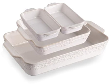 Sweejar Auflaufformen für Ofen, Keramik-Backformen 4er-Set, rechteckige Auflaufform mit Griffen, Lasagne-Pfannen zum Kochen, Gratin, Braten, Bankett und den täglichen Gebrauch (Ofenwechsel-Weiß)