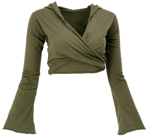 GURU SHOP Wickeltop, Langarmshirt mit Trompetenärmeln, schwarz | Baumwolle, elastisch, vielseitig kombinierbar, ideal für Yoga und Alltag