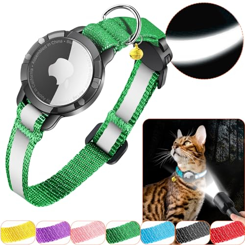 Airtag Katzenhalsband - Integriertes Katzenhalsband Airtag Wasserdicht,Reflektierendes Airtag Halsband Katze Halsband mit Sicherheitsverschluss Gummizug für Kätzchen Klein Hund (Grün S)