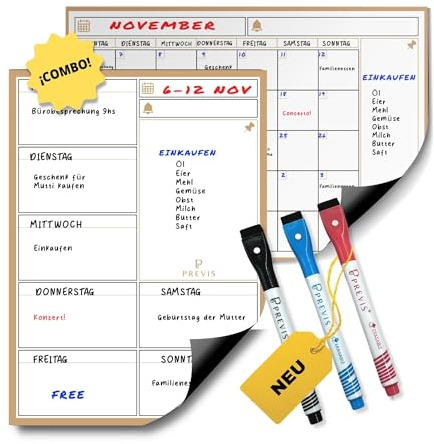 Previs Pack Calendario Magnético Mensual + Planificador Semanal Magnético para Nevera y Escritorio A3 (30x40CM) - Organizadores con Imán