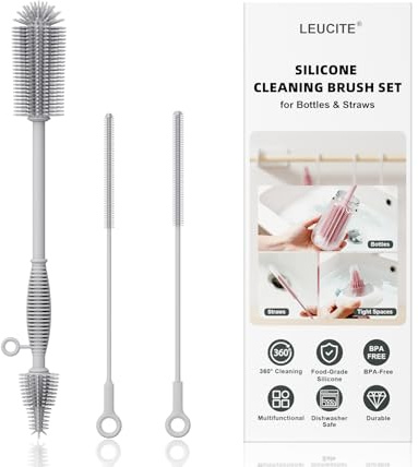 Leucite Bottle Brush and Straw Cleaner Brush Set, Extra Long Double-Ended Soft Silicone Brush Cleaner for Baby Bottles, Water Bottles, Cups, Breast Pumps, Detachable & Hangable