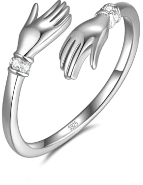 Umarmungsring aus 925 Sterling Silber, Umarmende Hände Design mit funkelnden Zirkonia Steinen, “Ausdruck von Zuneigung und Liebe”, Ring für Damen und Frauen aus Echt Silber