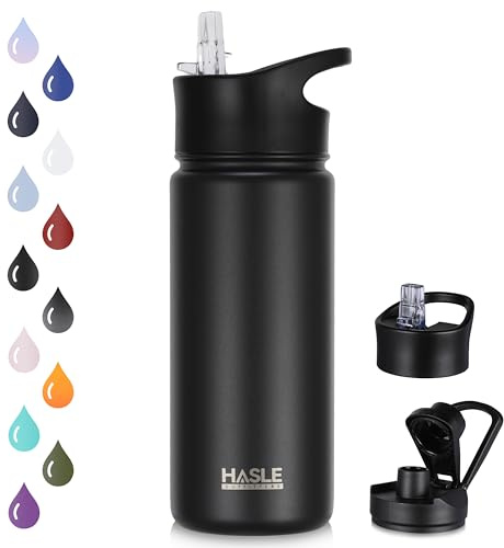 HASLE OUTFITTERS Insulated Water Bottle 16 oz Double Wall Vacuum Stainless Steel Water Bottle Leak Proof for Wide Mouth with Straw Lid & Spout Lid Keeps Cold and Hot(Black,1pack)