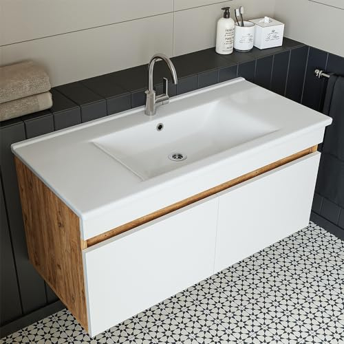 ROOMART • Badmöbel Set • Atria • 65 cm, 85 cm, 100 cm • Weiß • Waschbecken mit Unterschrank (Weiß Eiche, 100 cm)