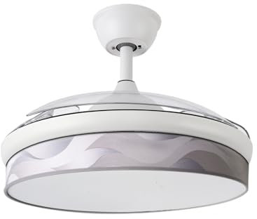 Abrila - Ventilador DC MODA | Color Blanco con tres Aspas Desplegables ABS y Difusor Ola Gris | 6 Velocidades Ajustables | 3 Temperaturas de Luz | con Temporizador y Mando a Distancia Incluido