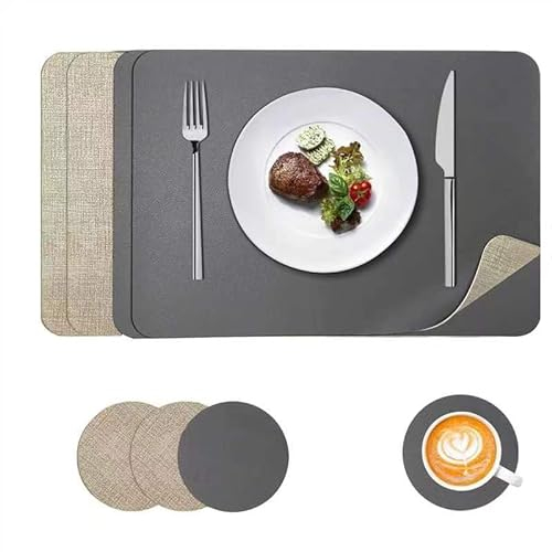APLKER Placemats and Coaster Sets 6 Table Mats PVC Dual-Sided Washable and Non-Slip Dinner Table Mats Set of 6 for Kitchen Table Mat Indoor Outdoor (Beige Grey, Set of 4)