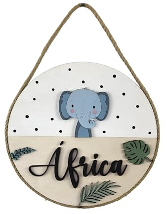 Placa de madera personalizada con nombre. 13 modelos a elegir. Decoración dormitorio bebé. Regalo bebé personalizado (Elefante)