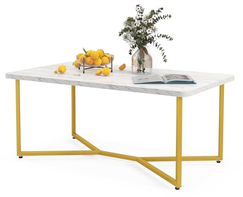 LIFEZEAL Table Basse de Salon Effet Marbre, Table Basse Moderne avec Cadre en Acier, Meuble de Salon, Montage Simple, 107 x 60 x 45,5 cm, Or + Blanc