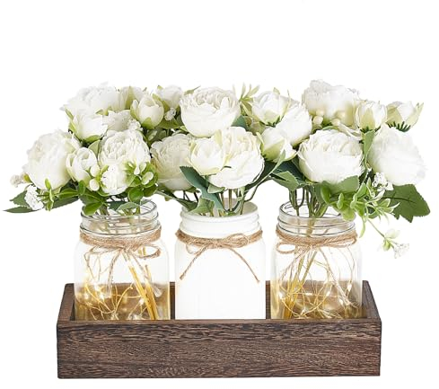 Dahey Mason Jar Light Centerpiece Table Decorations for Dining Room Farmhouse Modern Coffee Table Decor Wood Tray with 3 Jars Artificial Flowers Table Centerpieces for Kitchen Living Dining Room