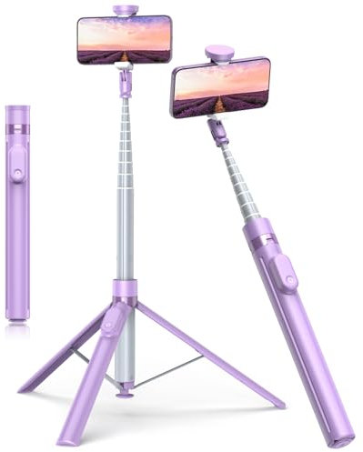 TONEOF 180cm Automática Palo Selfie Trípode, Tripode para Movil con Control Remoto Magnético Recargable,Soporte Movil Giratorio de 2 Eje de 360°,Trípode Estable para iPhone/Android-Morado