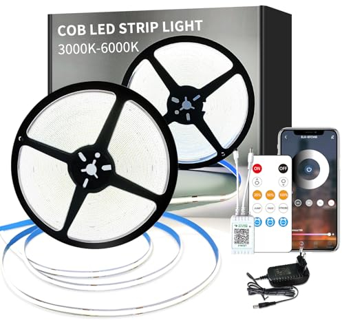 Yeewhale cob Led strip 20m,mit Fernbedienung,APP Steuerung,DC24V 6000k Weiß LED band,flexible Dimmbar COB LED Streifen,anwendbar auf Schlafzimmer, Raum,DIY Dekoration