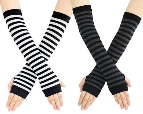 SwirlColor Armstulpen Damen, Gestreifte Stulpen Arm Lange fingerlose Handschuhe für Frauen Ärmel Arm Warmers Herbst Winter Zubehör (weiß, grau)