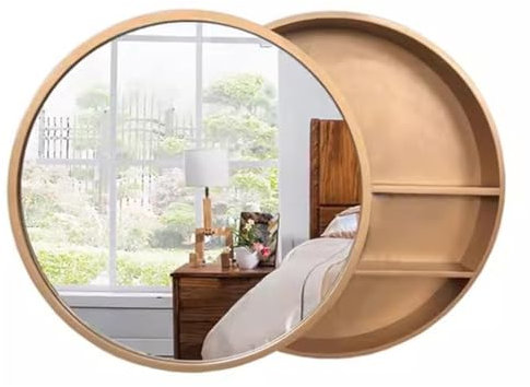 Armoire De Toilette 50cm Armoire De Toilette Ronde en Bois Armoire De Toilette Murale avec Porte Miroir Coulissante - Gain De Place(Gold)