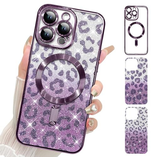 UZEUZA Compatible with iPhone 13 Pro Max Case, Leopard Print Phone Case,2 Differents Pieces of Cheetah Print Glitter Design,Shockproof Protective Cover Women for iPhone 13 Pro Max 6.7 Inch, Purple