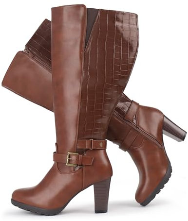 Chicblooms Damen-Stiefel in Übergröße, extra weiter Schaft, hoher Absatz, mit Knöchelschnalle, Hellbraunes PU, EU 39