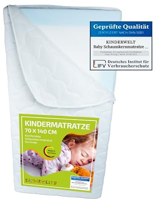 KiNDERWELT Babymatratze 140x70x7 cm, mit Trittkante, Schaumkernmatratze Komfortbezug gesteppt, Matratze für Kinderbett, Schaumstoffmatratze Kinder, Made in Germany