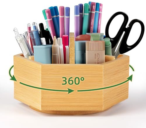 Anstore Organisateur de Bureau Bois, Porte-crayons Rotatif à 360° en Bambou avec Poignée et 6 Compartiments,Rangement de Bureau pour Stylos,Crayons de Couleur,Marqueurs,Petits Organiseurs Cosmétiques