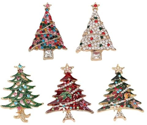 5 x Weihnachts-Broschen, Weihnachtsbaum-Brosche, mehrfarbig, Kristall, Strass, Weihnachts-Anstecknadel, Schal, Clip für Damen