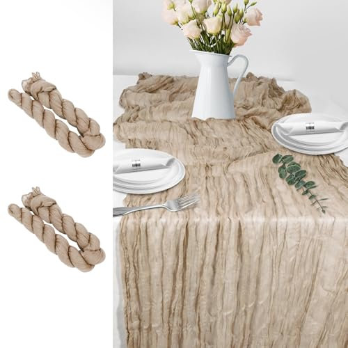 LUKDUNG 2 Stück Tischläufer, Seihtuch Tischläufer, Boho Gaze Stoff Käsetuch, Rustikaler Tischdecke für Hochzeitsdeko Tischdeko, 90 x 300 cm (Braun, 90 x 300 cm, 2 Stück)