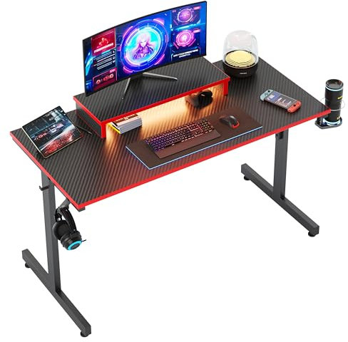 Bestier Small Gaming Desk with Monitor Stand, 106.6 CM LED Computer Desk, Gamer Workstation with Cup Holder & Headset Hooks, Modern Simple Style Desk for Home Office