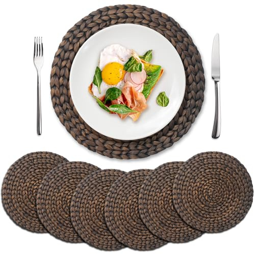 YANGQIHOME Platzset aus Wasserhyazinthe, rundes Tischset, handgemachte runde Platzdeckchen, Telleruntersetzer für Esstisch und Boho Deko, Weihnachten (6er Set, 35 cm, Schwarz)
