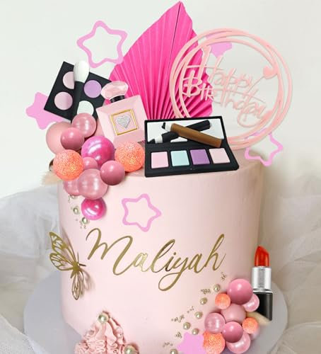 Makeup Cake Toppers Glamour Party Decorations Pink Girl Birthday Cake Topper Balls Palm Leaves Cake Topper Spa Birthday Party Cake Toppers